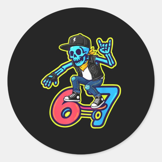 Sticker Rond Funny 67 Skeleton Skater Meme Retro Skateboarding  (Devant)
