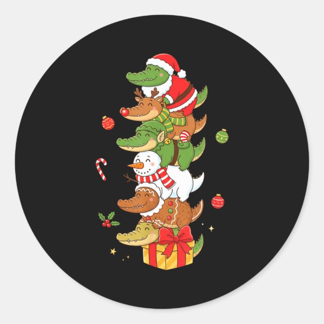 Sticker Rond Funny Alligator Santa Elf Snowman Christmas Womens (Devant)