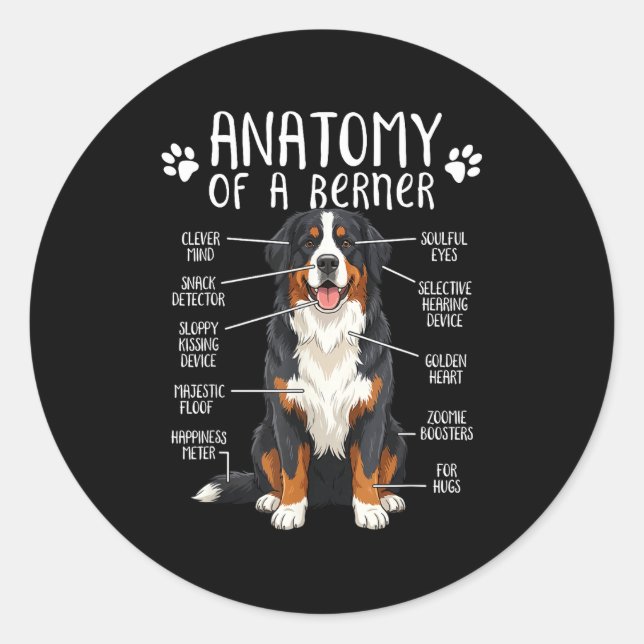 Sticker Rond Funny Anatomy Bernese Mountain Dog Cute Berner Lov (Devant)
