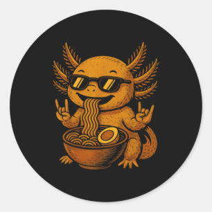 Sticker Rond Funny Anime Kawaii Axolotl Mangeant Ramen Graphiqu