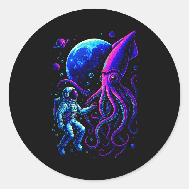 Sticker Rond Funny Astronaut And Squid In Underwater Space With (Devant)