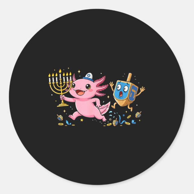 Sticker Rond Funny Axolotl Dreidel Menorah Hanukkah Kids Womens (Devant)