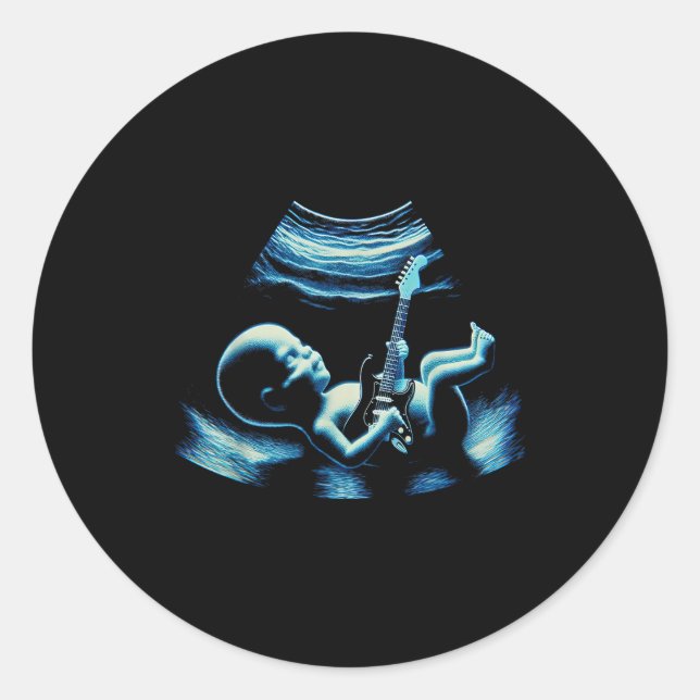 Sticker Rond Funny Baby Guitar Player Rock Music Pregnancy Anno (Devant)