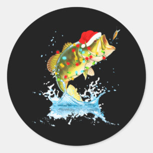 Sticker Rond Funny Bass Fishing Santa Hat Christmas Pajama