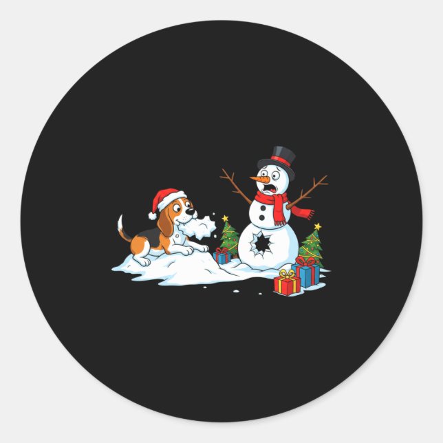 Sticker Rond Funny Beagle Snowman Christmas Tree Xmas Womens Me (Devant)
