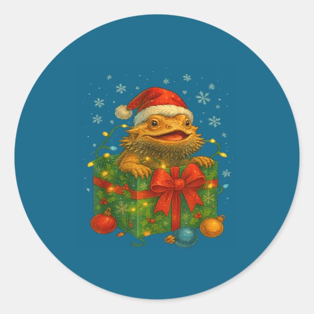 Sticker Rond Funny Bearded Dragons Santa Christmas Tree Lights  (Devant)