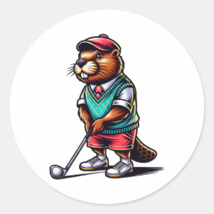 Sticker Rond Funny Beaver Golfer Rodent Golfing Sports