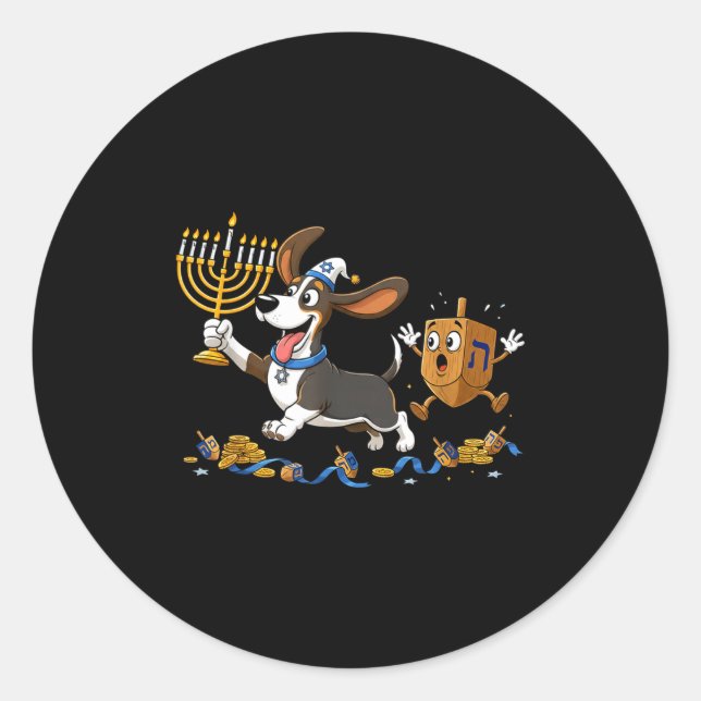 Sticker Rond Funny Bet Hound Dreidel Menorah Hanukkah Kids Wome (Devant)