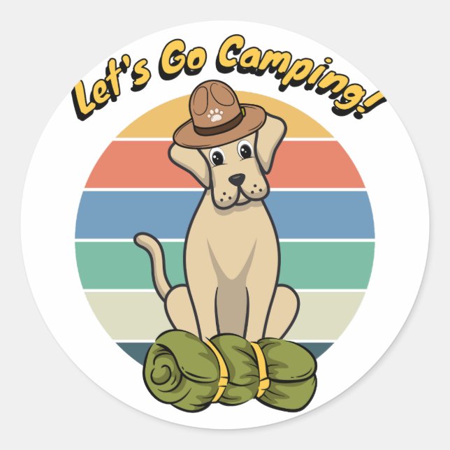 Sticker Rond Funny Big dog veut aller faire du camping (Devant)