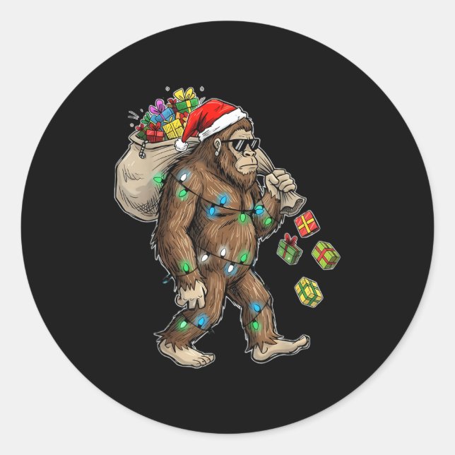 Sticker Rond Funny Bigfoot Christmas Tree Lights Xmas Boys Mens (Devant)