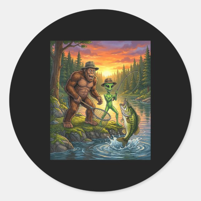 Sticker Rond Funny Bigfoot Fishing Mens Alien Sasquatch Fishing (Devant)