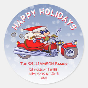 Sticker Rond Funny Biker Santa Claus Holiday Adresse de retour