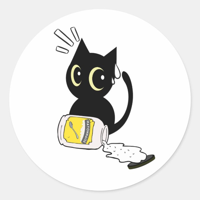 Sticker Rond Funny Black Cat a renversé la mayonnaise (Devant)