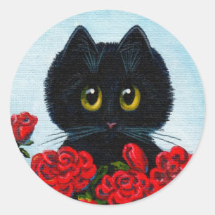 Sticker Rond Funny Black Cat Art Rose Créationarts