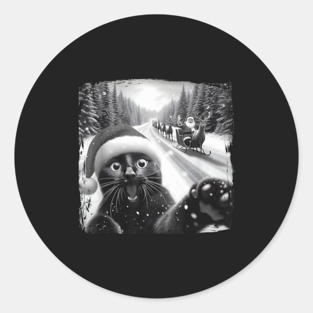 Sticker Rond Funny Black Cat Christmas Selfie Santa Sleigh Snow (Devant)