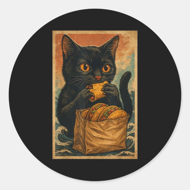 Sticker Rond Funny Black Cat Eating Tacos Retro Japanese  (Devant)