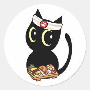 Sticker Rond Funny black cat est un chef sushi