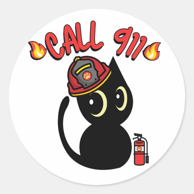 Sticker Rond Funny Black cat est un pompier (Devant)