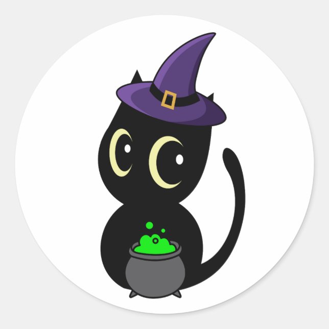 Sticker Rond Funny Black cat est une sorcière (Devant)