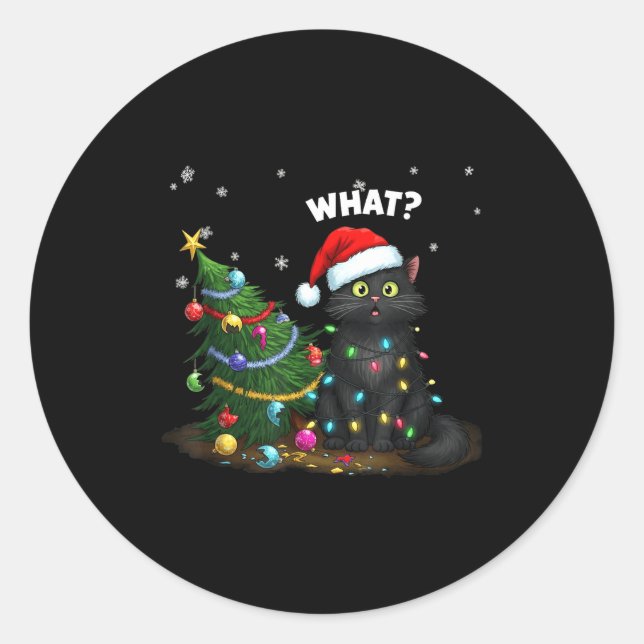 Sticker Rond Funny Black Cat Pushing Christmas Tree  (Devant)