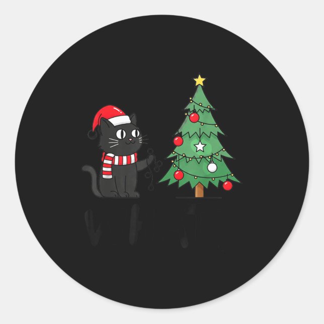 Sticker Rond Funny Black Cat Pushing Christmas Tree Over Cat Wh (Devant)