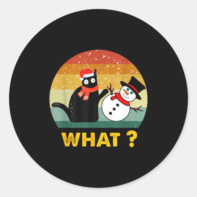 Sticker Rond Funny Black Cat Pushing Snowman Xmas Winter Costum (Devant)