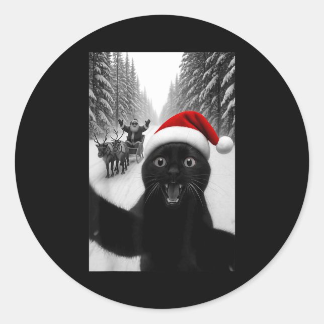 Sticker Rond Funny Black Cat Selfie With Santa Christmas Men Wo (Devant)