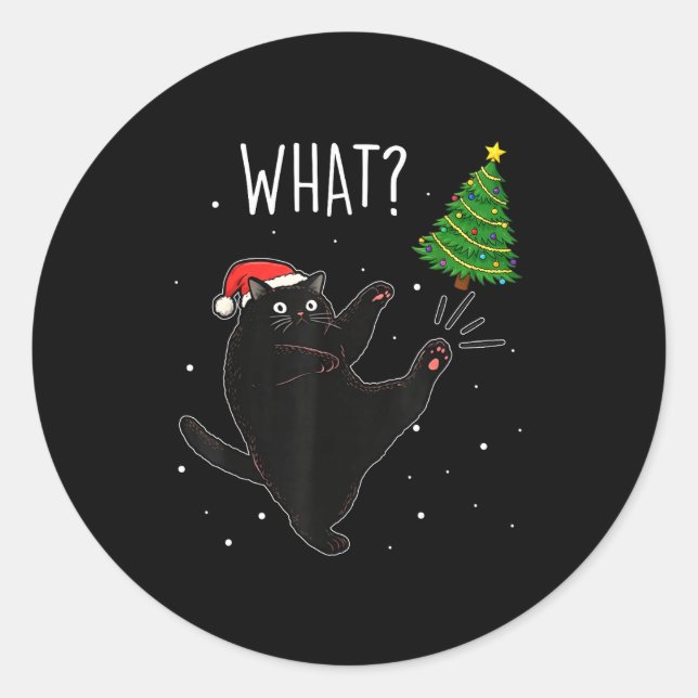 Sticker Rond Funny Black Cat What_ Christmas Tree Meme Xmas Men (Devant)