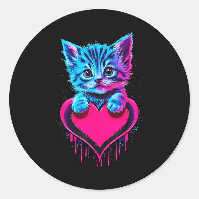 Sticker Rond Funny Blacklight Glitch Art Cute Cat Kitten Valent (Devant)