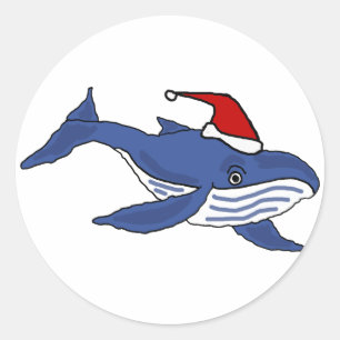 Sticker Rond Funny Blue Whale à Santa hat Art de Noël