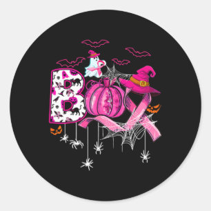 Sticker Rond Funny Boo Citrouille sorcière rose Ruban Cancer du