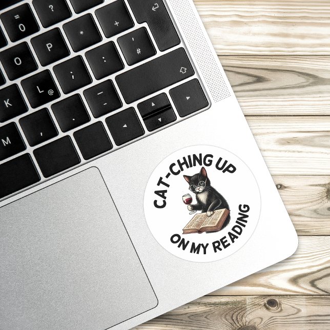 Sticker Rond Funny Bookish Drinking Cat Reading (funny cat pun reading sticker)