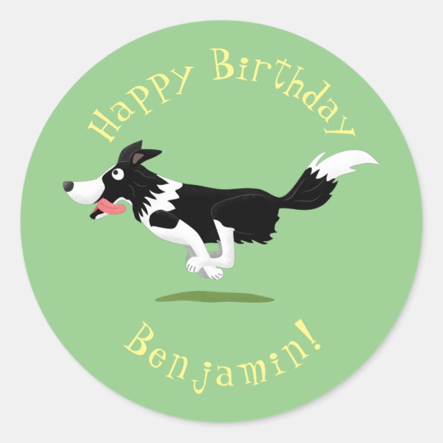 Sticker Rond Funny Border Collie chien en course dessin animé (Devant)