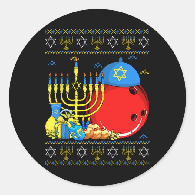 Sticker Rond Funny Bowling Ll Menorah Et Dreidel Ugly Hanoukka (Devant)