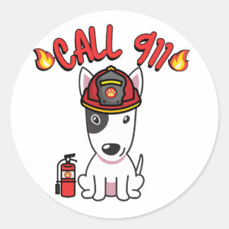 Sticker Rond Funny Bull Terrier chien est pompier