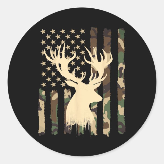 Sticker Rond Funny Camouflage Usa Drapeau blanc Buck Deer Hunt (Devant)
