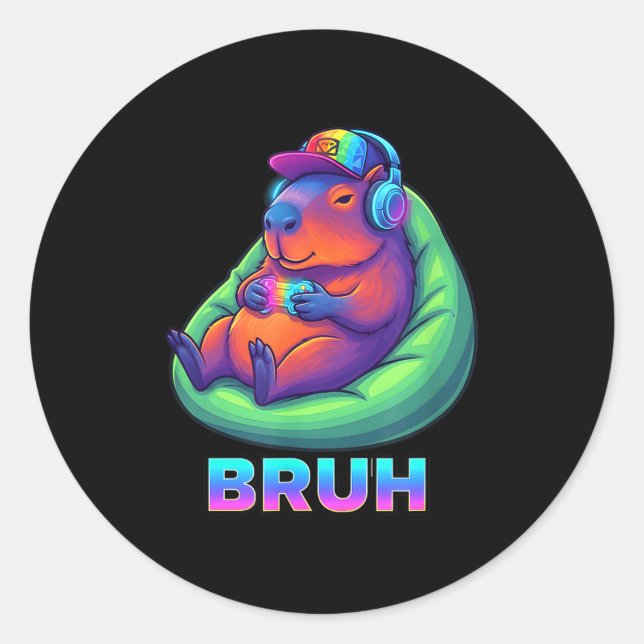 Sticker Rond Funny Capybara Bruh Video Games Lovers  (Devant)