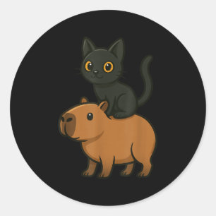 Sticker Rond Funny Capybara Chat noir Amoureux des animaux Zoo 
