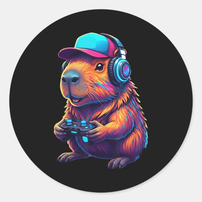 Sticker Rond Funny Capybara Gamer Gaming Video Games Capybara  (Devant)