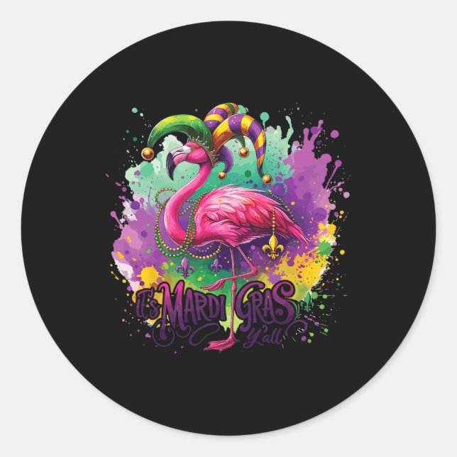 Sticker Rond Funny Carnival Party Flamingo Mardi gras (Devant)