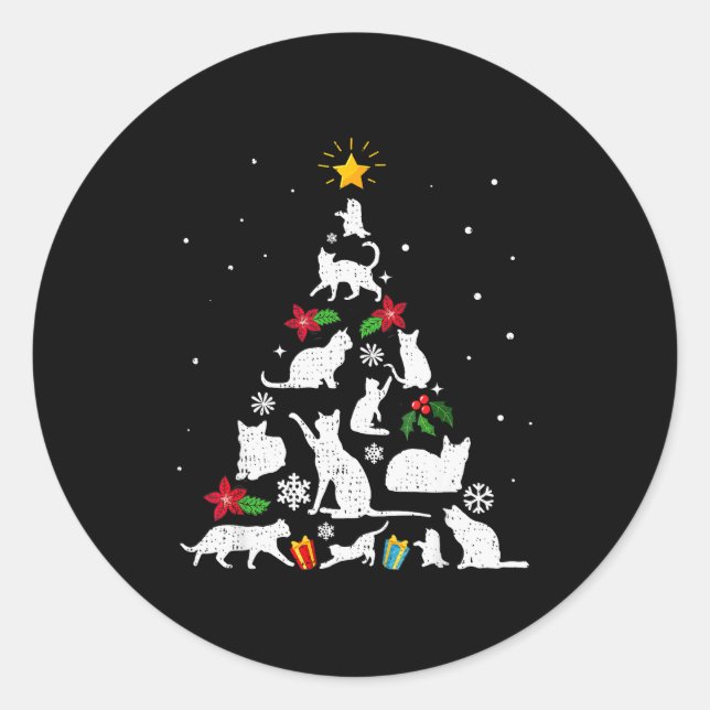 Sticker Rond Funny Cat Christmas Tree For Men Women Kids  (Devant)