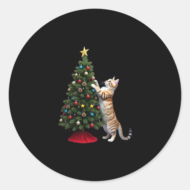 Sticker Rond Funny Cat Christmas Tree Xmas Gifts Men Women Kids (Devant)