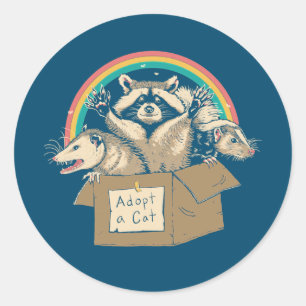 Sticker Rond Funny Cat Lover Adopt a Cat Possum Raccoons