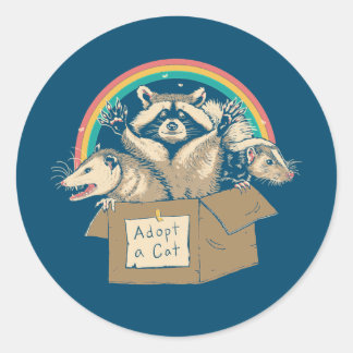 Sticker Rond Funny Cat Lover Adopt a Cat Possum Raccoons 