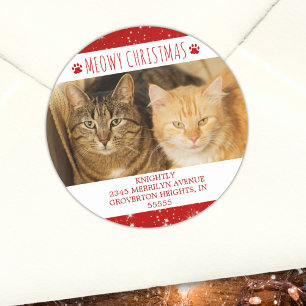 Sticker Rond Funny Cat MEOWY CHRISTMAS Photo Rouge Retour Adres