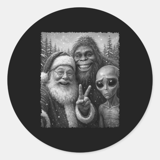 Sticker Rond Funny Cat Santa Bigfoot Alien Christmas Selfie Tee (Devant)