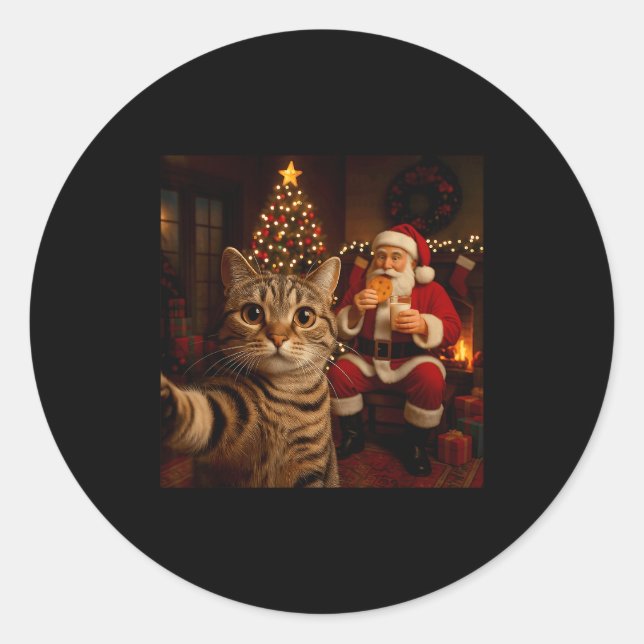 Sticker Rond Funny Cat Selfie Santa Claus Eating Cookies Christ (Devant)