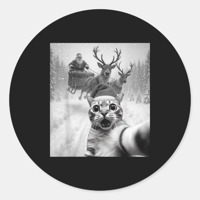 Sticker Rond Funny Cat Selfie Santa Merry Christmas Xmas Pajama (Devant)