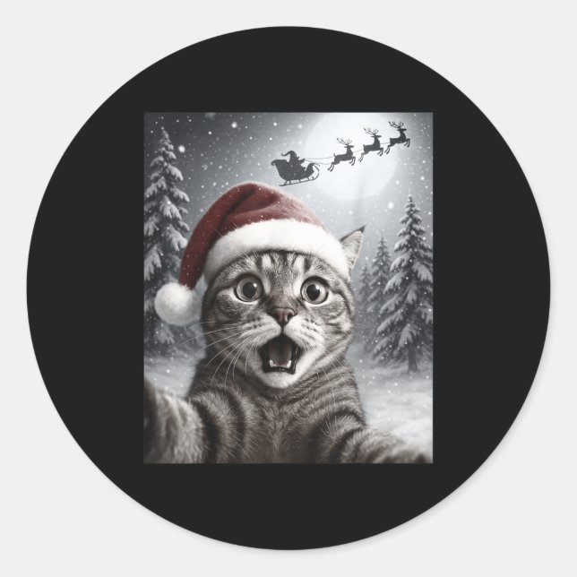 Sticker Rond Funny Cat Selfie With Santa Claus Christmas Men Wo (Devant)