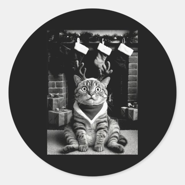 Sticker Rond Funny Cat Taking A Selfie Christmas Xmas Pajamas H (Devant)